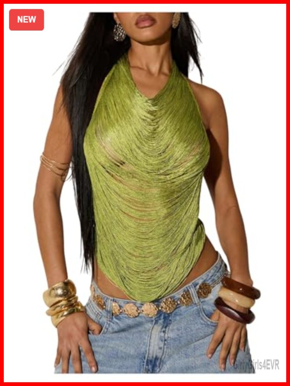 Women's Sleeveless Metallic Halter Fringe Party Top Summer Asymmetric